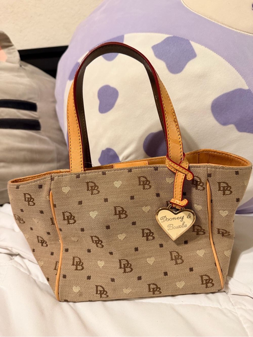 Dooney & Bourke Beige Logo Heart Charm Mini Tote with Tan Trim